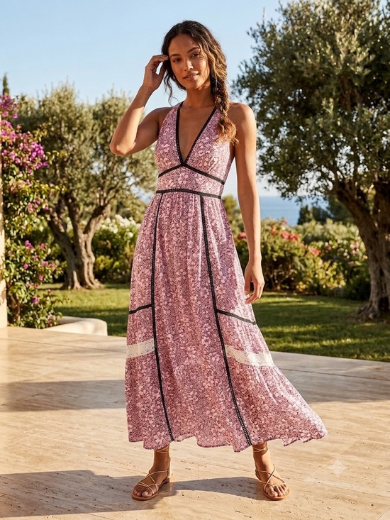 Aqua Dresses & Skirts - Aqua Pink Floral Lace-Trim Maxi Dress